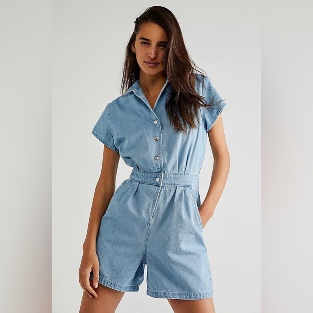 Lee x Free People Short Union-Alls in Super Bleach